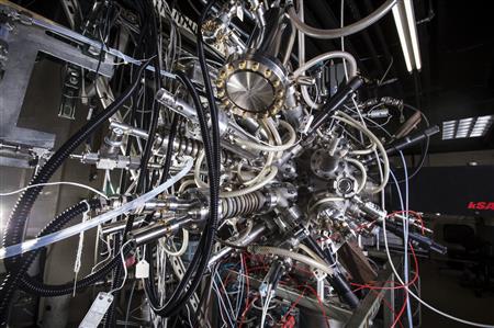 Close-up image of the atomic-layer-by-layer molecular beam epitaxy (MBE) apparatus in the Eckstein Lab in the Frederick Seitz Materials Research Laboratory on the Urbana campus. Photo by L. Brian Stauffer, University of Illinois at Urbana-Champaign