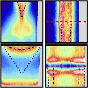 Contrast revealed in the physics of TIs coupled with the SC niobium. (top row) No superconductivity observed with ARPES at the top surface of bulk insulating TIs/Nb. (bottom row) Strong, long-range superconducting order seen in bulk conducting TIs/Nb. Figure provided by Joseph Hlevyack.