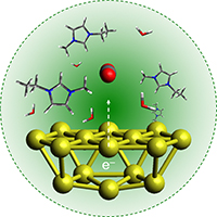 Under green light and assisted by an ionic liquid, gold nanoparticles, bottom, lend electrons to convert CO2 molecules, the red and grey spheres in the center, to more complex hydrocarbon fuel molecules.  Graphic courtesy Sungju Yu, Jain Lab at University of Illinois at Urbana-Champaign