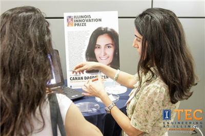 Canan Dagdeviren explains her research at the Technology Entrepreneurship Forum on April 29 prior to the announcement of the Illinois Innovation Prize winner.