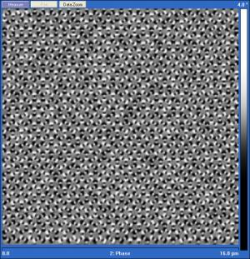 Magnetic force microscope image of emergent domains of ordered magnetic charges in honeycomb artificial spin ice. The black and white dots in the image are the north and south magnetic poles of the nanomagnets.