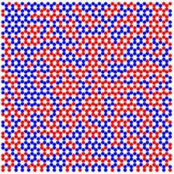 Map of the crystallites of ordered magnetic charges in honeycomb artificial spin ice. The red and blue dots correspond to vertices belonging to each of the two degenerate magnetic change-ordered states.