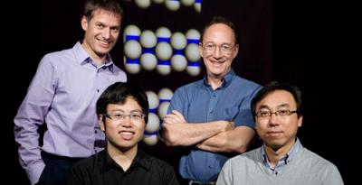 Photo by L. Brian Stauffer Researchers from the University of Illinois and Northwestern University demonstrated tiny spheres that synchronize their movements as they self-assemble into a spinning microtube. From left, Erik Luijten, Jing Yan, Steve Granick and Sung Chul Bae.