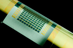 A flexible array of gallium arsenide solar cells. GaAs and other compound semiconductors are more efficient than the more commonly used silicon.