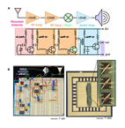 A. Block and circuit diagrams of a radio that uses carbon nanotubes for the resonant antenna, two RF amplifiers, RF mixer and an audio amplifier. B. Image of the nanotube-transistor radio, with magnified views of CNT transistors wire bonded into dual in-line packages. 