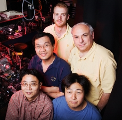 Professor Dlott (at right, in yellow shirt) with (from top, counter clockwise) Jeffrey Carter, Yee Kan Koh, Zhaohui Wang, and Nak-Hyn Seong