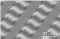 Stretchable form of silicon that consists of sub-micrometer single crystal elements structured into shapes with microscale periodic, wave-like geometries.