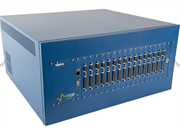 A blue electronic box with many portsDescription automatically generated