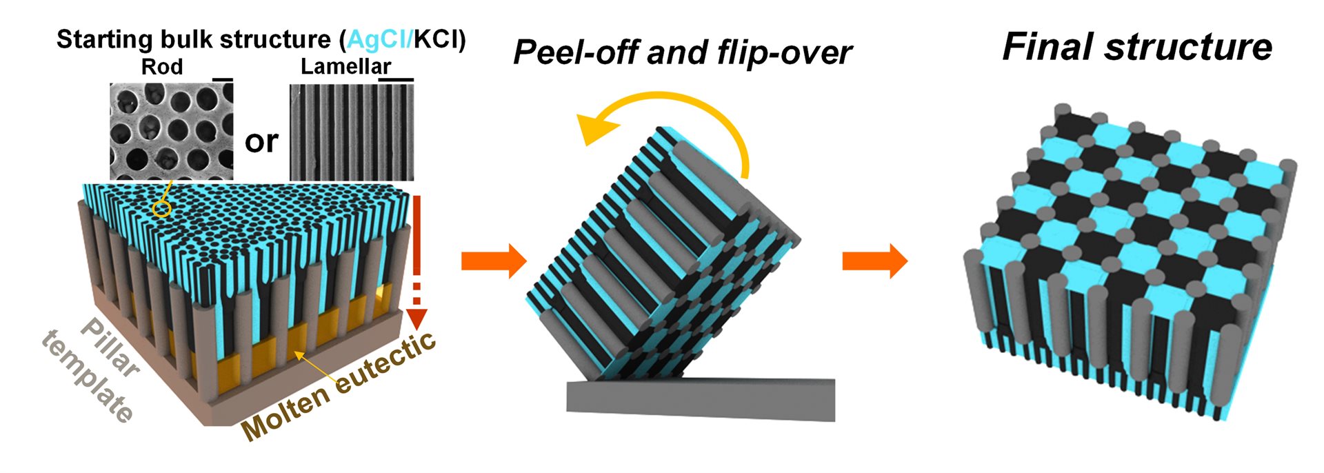 <em>Schematic illustration of the template-directed eutectic solidification process. Liquid (gold) AgCl (cyan)-KCl (black) eutectic system solidifies through the pillar template.</em>