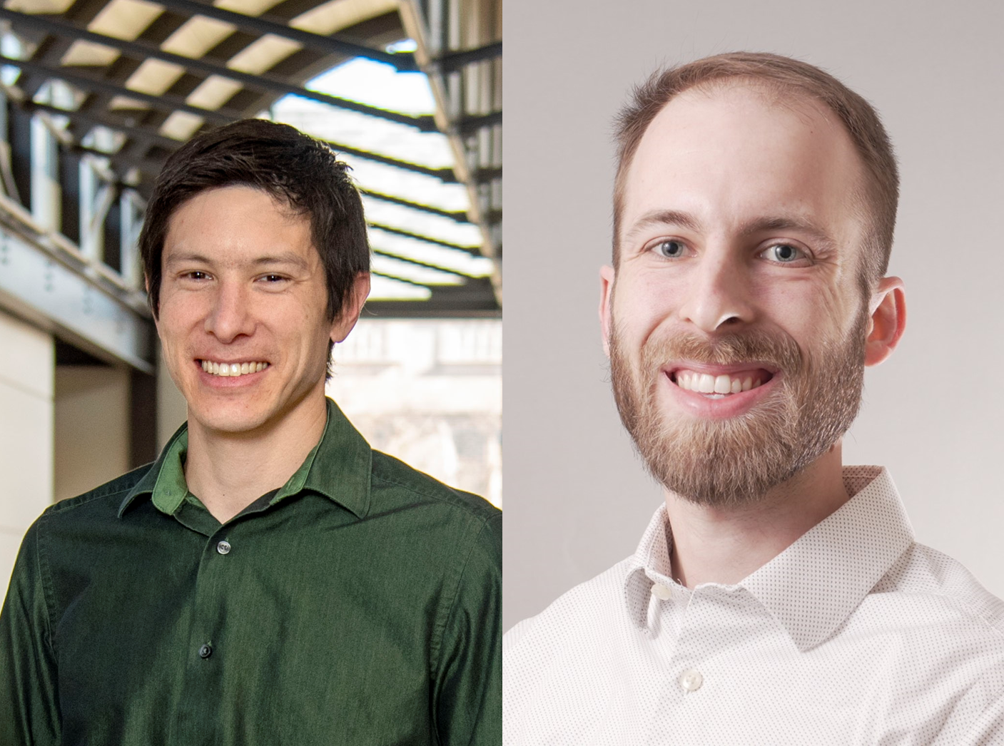 Two men in side-by-side photos. One is wearing a green button up shirst while standing under an awning. The other is wearing a white button down while posed in front of a plain background.