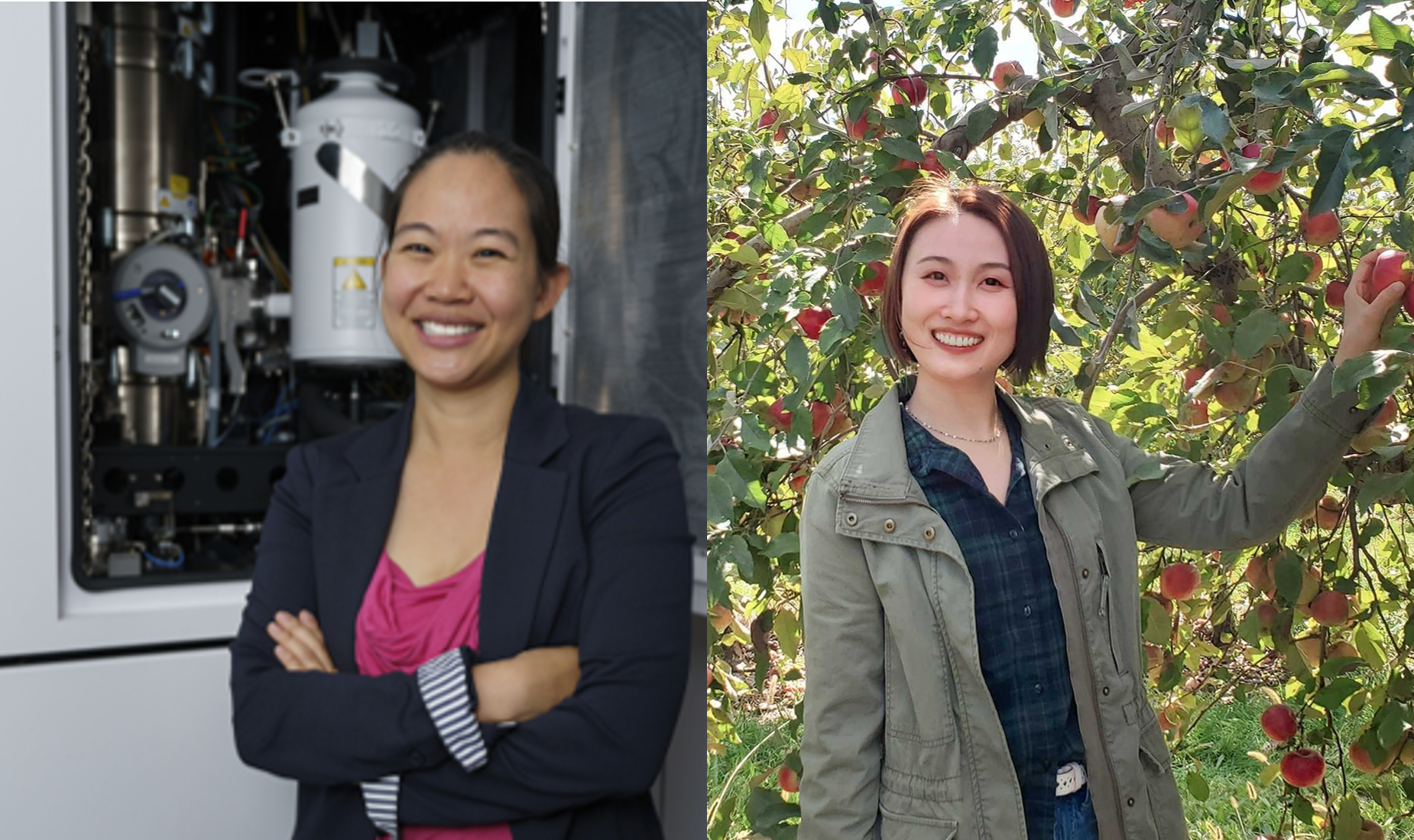 Side-by-side photo featuring two women. One is standing in front of a machine and the other is standing in front of an apple tree