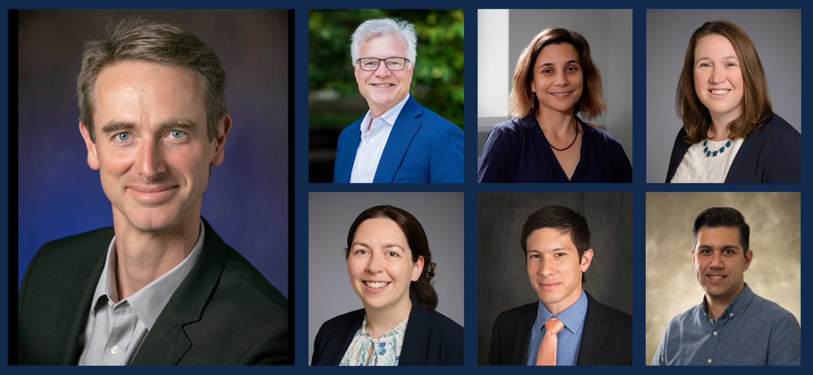 Seven panels featuring men and women smiling at cameras for professional headshots.